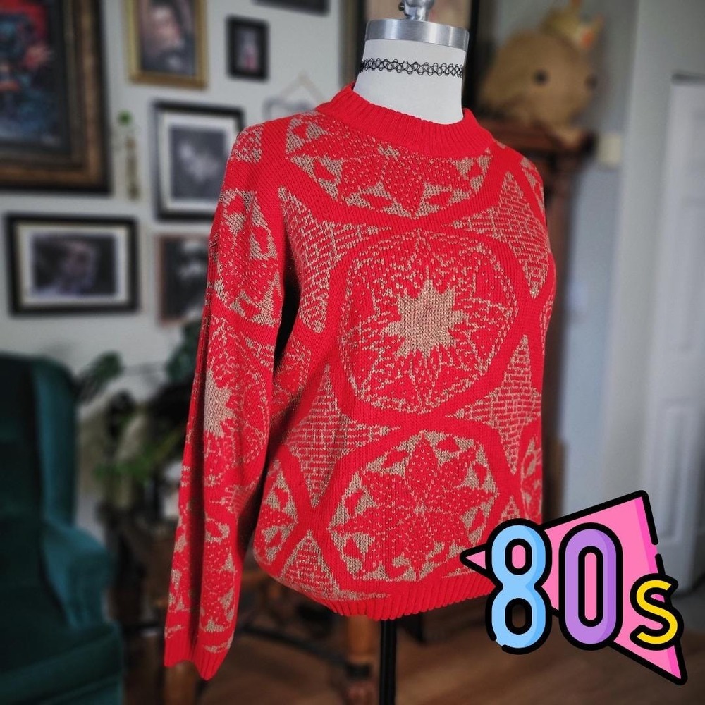 Burlington Factory Knit Sweater Vintage 80s‎ Red Geometric Holiday Ornate Women